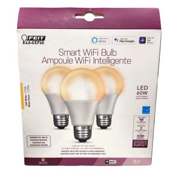 Feit Electric Smart WiFi Bulb Soft White 2700K LED 60W 3 Pack A19 NEW - Picture 2 of 9